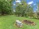 Landscaped backyard with fire pit and sitting area at 7676 Shoupes Grove Church Rd, Hickory, NC 28612