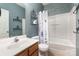 Bathroom with shower/tub combo, wood vanity, and white toilet at 9904 Rocky Ford Club Rd, Charlotte, NC 28269