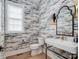 Stylish powder room with modern sink and unique wallpaper at 1013 Maxwell Ct # 4, Marvin, NC 28173
