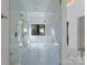 Large walk-in shower with marble walls and penny tile floor at 13702 Sage Thrasher Ln, Charlotte, NC 28278