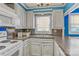 White kitchen with blue walls and a breakfast bar at 114 Corban Se Ave, Concord, NC 28025