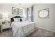 Stylish bedroom with a blue velvet headboard and patterned bedding at 1406 Hubert Graham Way, Tega Cay, SC 29708