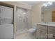 Bathroom with shower, toilet, and vanity with quartz countertop at 3460 Jennings Rd, Union Grove, NC 28689