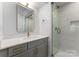 Modern bathroom with gray vanity and a glass shower enclosure at 4107 Closeburn Townes Ct, Charlotte, NC 28210