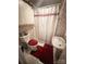 Bathroom with white vanity, shower, and red bathmat at 16409 Silver Rd, Oakboro, NC 28129