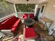 Screened porch with red seating and fire pit table at 104 Cardinal Ave, New London, NC 28127