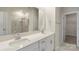 Clean bathroom with double vanity, large mirror, and shower at 6217 Barcelona Way, Charlotte, NC 28214