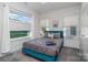 Bedroom with teal bed frame and two large windows at 4147 Merlane Dr, Charlotte, NC 28206