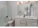 Modern bathroom with double vanity and glass shower at 4147 Merlane Dr, Charlotte, NC 28206