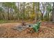 Relaxing backyard fire pit and green bench surrounded by woods at 2224 Taylor Rd, Shelby, NC 28152