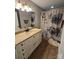 Clean bathroom with updated vanity and shower at 1627 Peden Bridge Rd, Chester, SC 29706