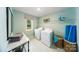 Bright laundry room with white washer and dryer, ample shelving, and marble-top folding table at 8024 Plymouth Dr, Sherrills Ford, NC 28673