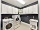 Laundry room with white cabinets, washer, dryer, and utility sink at 17422 Hawkwatch Ln, Charlotte, NC 28278