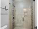 Large shower with glass enclosure and pebble tile detail at 18912 Peninsula Point Dr, Cornelius, NC 28031
