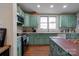 Modern kitchen with teal cabinets, stainless steel appliances, and granite countertops at 600 W Warren St, Shelby, NC 28150