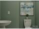 Simple powder room with pedestal sink and art at 4475 Potter Wheel Dr, Fort Mill, SC 29715