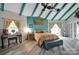 Bright bedroom with a teal accent wall and sliding glass doors to a patio at 5017 Celeste Ct, Charlotte, NC 28270