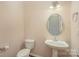 Small bathroom with pedestal sink and oval mirror at 10319 Dominion Village Dr, Charlotte, NC 28269