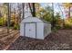 White metal storage shed in a backyard setting at 6521 Heatherbrook Ave, Charlotte, NC 28213