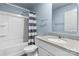 Clean bathroom with granite vanity and striped shower curtain at 109 Vintage Woods Ln, Shelby, NC 28150