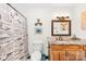 Rustic bathroom with a wood vanity, decorative mirror, and unique shower curtain at 27311 Hedge Rd, Albemarle, NC 28001