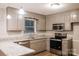 Stylish kitchen boasts granite countertops, gray cabinets, and a suite of stainless steel appliances at 1708 Dogwood Ln, Lancaster, SC 29720