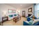 Cozy living room with fireplace, white sofa, blue accent chairs, and decor at 110 Windstone Common Ln, Mooresville, NC 28117