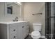 Updated bathroom with gray vanity and walk-in shower at 623 Oak Grove Rd, Kings Mountain, NC 28086