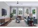 Spacious living room with teal sofa and large windows at 5684 Clear Creek Ln, Charlotte, NC 28215