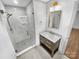 Modern bathroom with marble shower and vanity at 9316 Joines Dr, Matthews, NC 28105