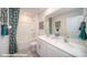 Bathroom with double vanity and large walk-in shower at 116 Windstone Common Ln, Mooresville, NC 28117