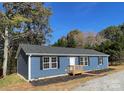 Blue vinyl-sided house with a gray roof and small wooden deck at 5433 King Wilkinson Rd, Denver, NC 28037