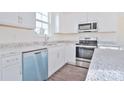 Kitchen with white cabinets, granite counters, and teal dishwasher at 105 Megby Trl, Statesville, NC 28677
