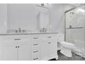 Updated bathroom with double vanity and walk in shower at 8433 Rittenhouse Cir, Charlotte, NC 28270