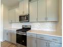 Modern kitchen with gray cabinets, stainless steel appliances, and white backsplash at 513 Olympia Way, York, SC 29745