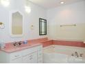 Bathroom with pink vanity, bathtub, and accessible features at 452 Mocksville Hwy, Statesville, NC 28625