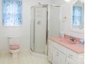 Bathroom with pink vanity, shower stall, and toilet at 452 Mocksville Hwy, Statesville, NC 28625