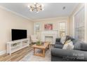 Bright living room with hardwood floors, fireplace and large TV at 3141 Mathis Dr, Charlotte, NC 28208