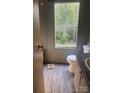 Clean bathroom with a large window and wood-look floors at 1926 Scenic Dr, Iron Station, NC 28080