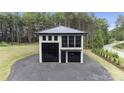 Modern concrete garage with black metal roof and large glass doors at 248 Singleton Rd # 25, Mooresville, NC 28117