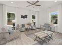 Bright living room with gray sofas, a coffee table, and large windows at 7226 Linda Lake Dr, Charlotte, NC 28215