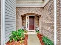Inviting entryway with brick arch, dark door, and potted plants at 8509 Loxton Cir, Charlotte, NC 28214