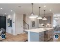 Open concept kitchen features gray cabinets and a large island at 14042 Aikenwood Dr, Charlotte, NC 28278