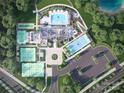 Aerial view of community amenities including pool, tennis courts, and fitness center at 5365 Mint Harbor Way # 0300, Charlotte, NC 28269