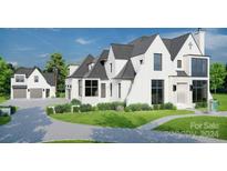 Luxury home exterior rendering with attached garage and fountain at 8014 Litaker Manor Ct, Charlotte, NC 28270