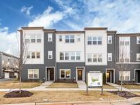 Three-story townhome with gray and white siding, and a landscaped front yard at 1530 Levy Way, Charlotte, NC 28205