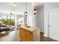 Open concept kitchen with granite island and hardwood floors at 706 N Davidson St, Charlotte, NC 28202