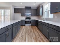 Modern kitchen with gray cabinets, quartz countertops, and stainless steel appliances at 2204 Noble Townes Way, Charlotte, NC 28262