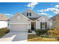 Single-story home with neutral siding, two-car garage, and landscaping at 797 Latrobe Dr, Iron Station, NC 28080