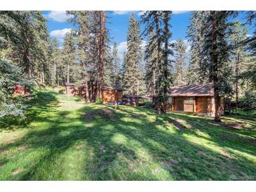 Secluded home nestled among tall trees on a grassy lot at 28192 Shadow Mountain Dr, Conifer, CO 80433